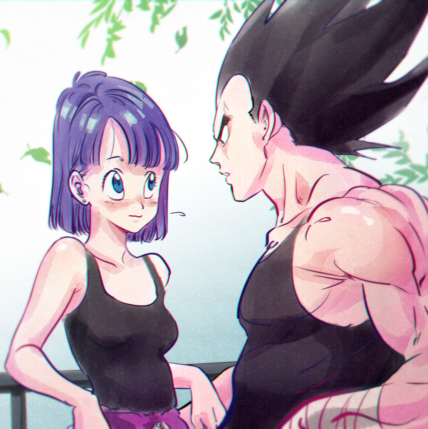 1boy, 1girl, against_railing, amachu_a, bandaged_arm, bandages, black_eyes, black_hair
