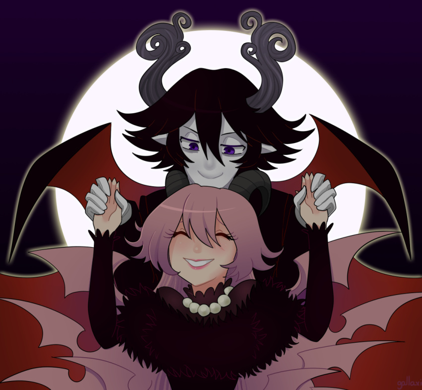 1boy, 1girl, black_dress, couple, demon_boy, demon_girl, demon_horns, demon_wings