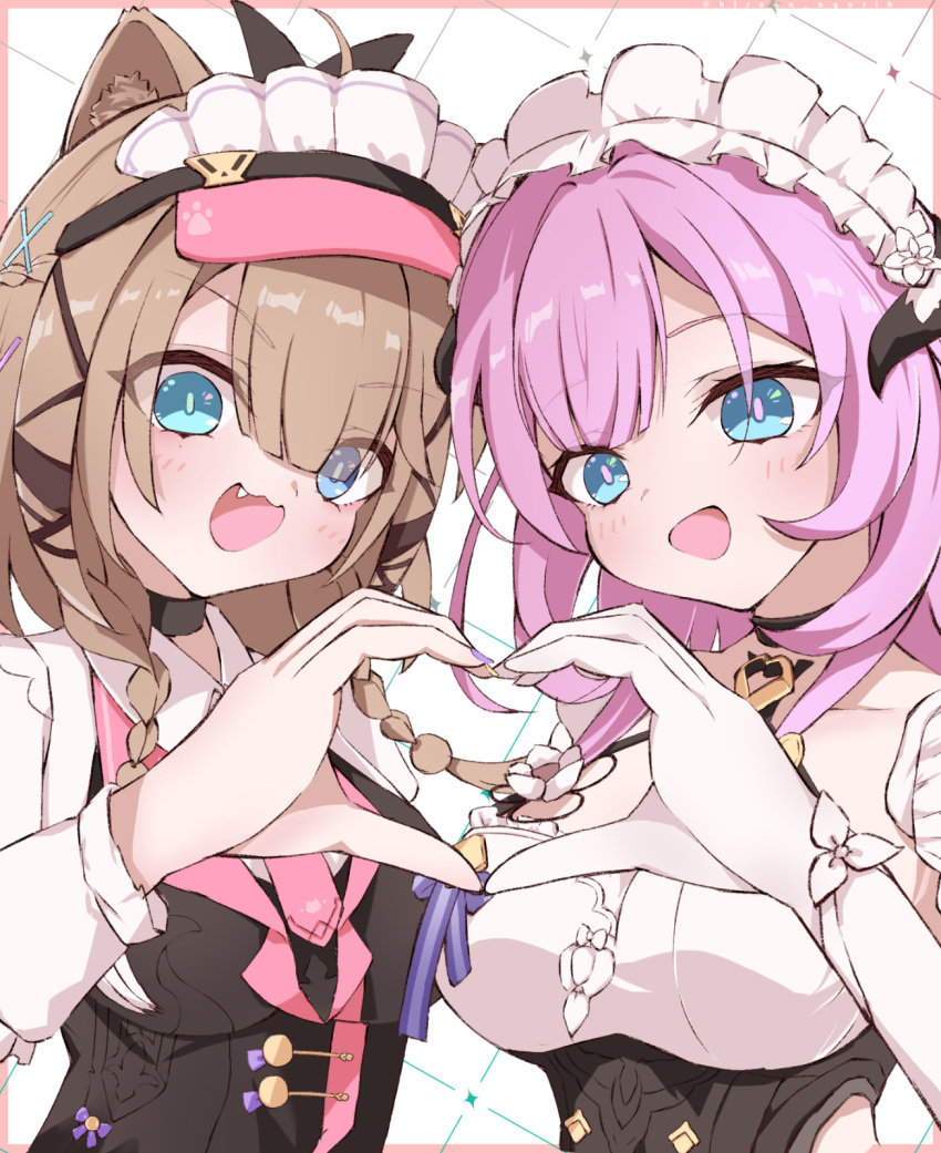 2girls, animal_ear_fluff, animal_ears, black_choker, black_vest, blue_eyes, braid, breasts