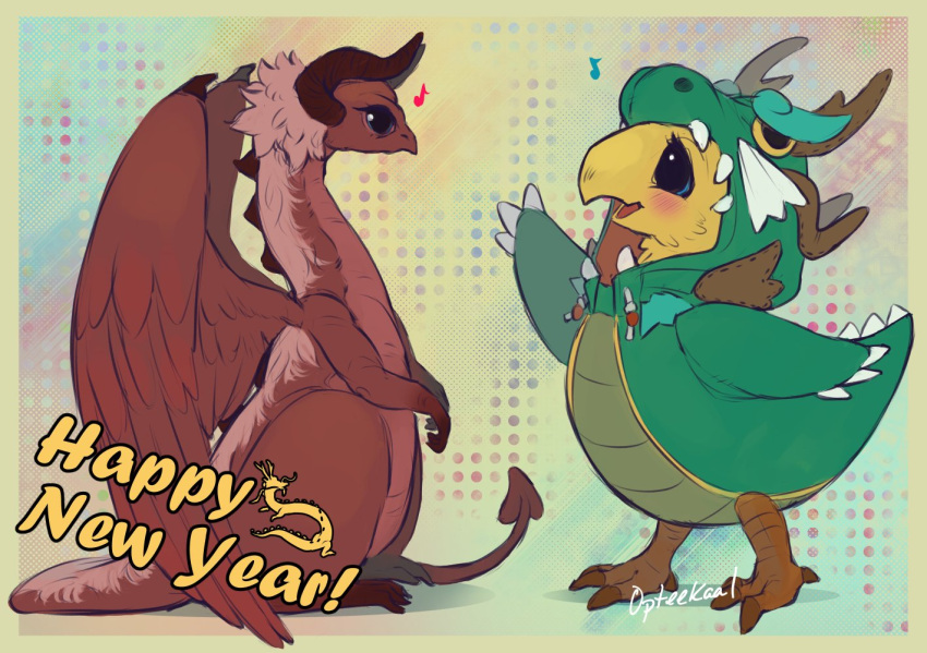 animal_costume, artist_name, azdaja_(ff14), blue_eyes, border, chinese_zodiac, chocobo, commentary