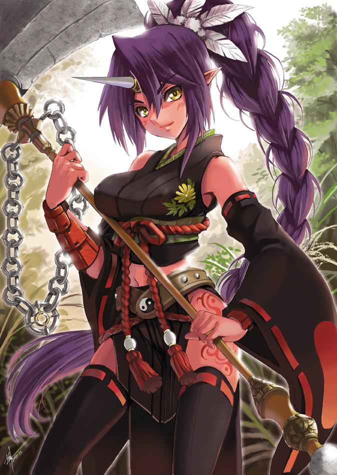 black_thighhighs, braid, chain, detached_sleeves, horns, long_hair, midriff, navel, original, pointy_ears, ponytail, solo, tattoo, thigh-highs, thighhighs, very_long_hair, weapon, yin_yang, yuu_(yuyukaikan)