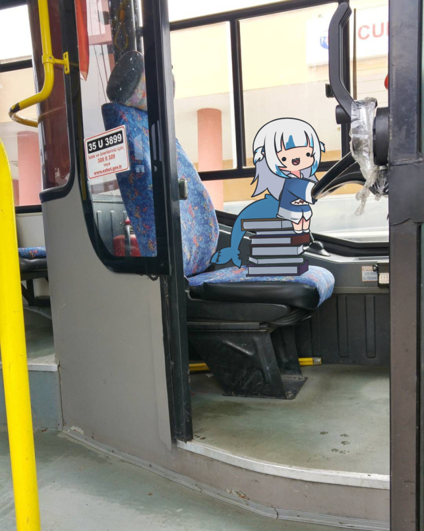 1girl, :3, :d, black_eyes, blue_hair, blue_hoodie, blunt_bangs, bus