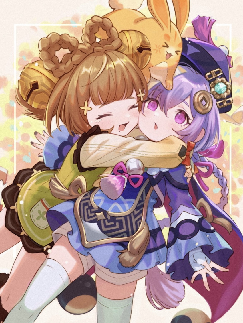 >_<, 2girls, :d, bandaged_hand, bandages, bead_necklace, beads, bell
