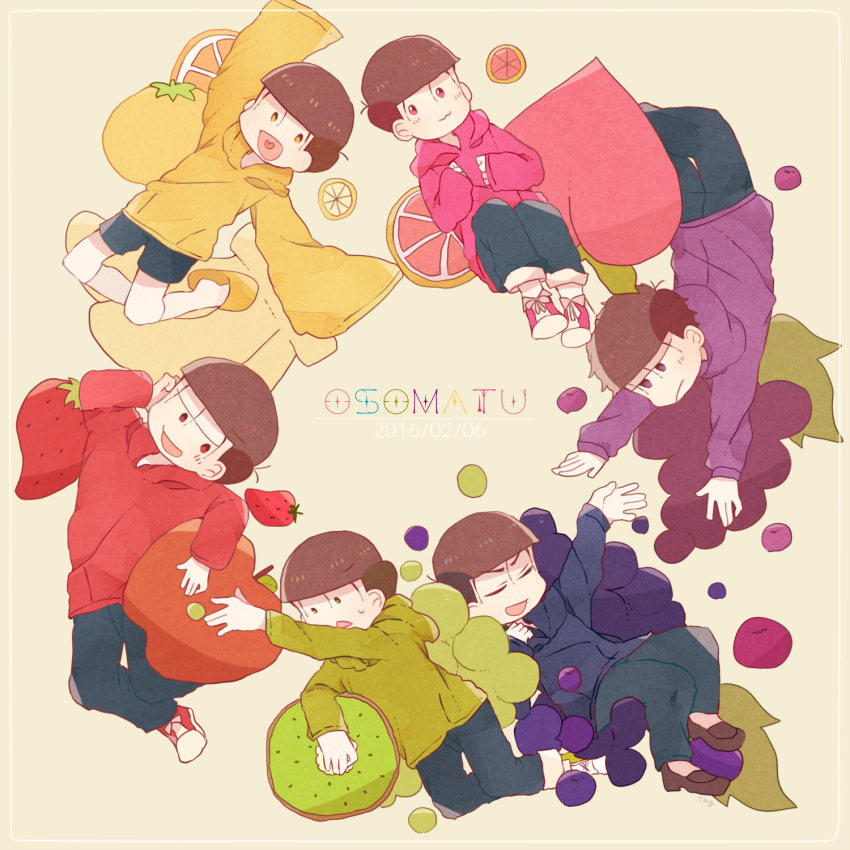 6+boys, :3, apple, bowl_cut, brothers, brown_hair, closed_eyes, copyright_name, dated, food, frown, fruit, grapes, green_eyes, half-closed_eyes, heart, heart_in_mouth, highres, hood, hoodie, kiwi_(fruit), kiwi_slice, long_sleeves, looking_to_the_side, male_focus, matsuno_choromatsu, matsuno_ichimatsu, matsuno_jyushimatsu, matsuno_karamatsu, matsuno_osomatsu, matsuno_todomatsu, messy_hair, multiple_boys, open_mouth, orange_(fruit), orange_slice, osomatsu-san, osomatsu_(series), pants, pink_eyes, ponponzutea, red_eyes, shoes, short_hair, shorts, siblings, slippers, smile, sneakers, strawberry, sweat, typo, violet_eyes, yellow_eyes