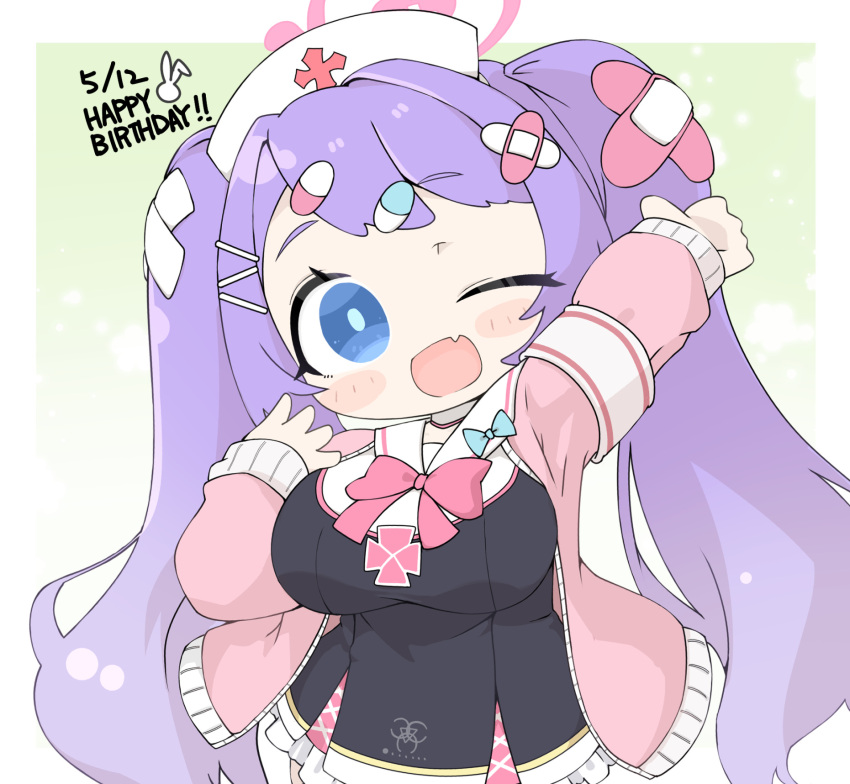 bandaid, bandaid_hair_ornament, blue_archive, breasts, crossed_bandaids, hair_ornament, halo, hanae_(blue_archive), hat, heart, heart_halo, highres, miranofuudoria, nurse_cap, oppai_loli, pill_hair_ornament, pink_halo