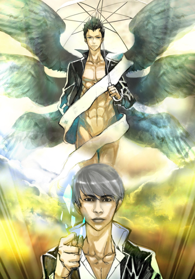 abs, black_hair, card_crusher, dress_shirt, el_shaddai, enoch, grey_hair, jacket