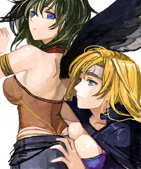 2girls, bare_shoulders, blonde_hair, blue_eyes, breasts, cleavage, fire_emblem, fire_emblem:_akatsuki_no_megami, green_hair, headband, heather_(fire_emblem), large_breasts, long_hair, pupps, vika, yuri