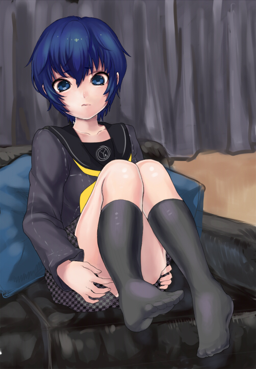 black_kneehighs, blue_eyes, blue_hair, feet, kneehighs, legs, legs_up, persona