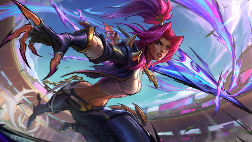 absurdres, arena, bandaged_chest, fingernails, highres, kalista, league_of_legends, league_of_legends:_wild_rift, navel, pink_hair, polearm, ponytail, sharp_fingernails, shoulder_spikes, soul_fighter_(league_of_legends), spear, spikes, throwing_spear, weapon