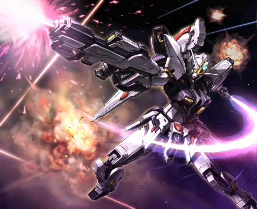 beam_rifle, daizo, energy_sword, explosion, gun, gundam, gundam_seed, gundam_seed_a-star, highres, mecha, original, space, sword, tsx-01-x1_trias, weapon
