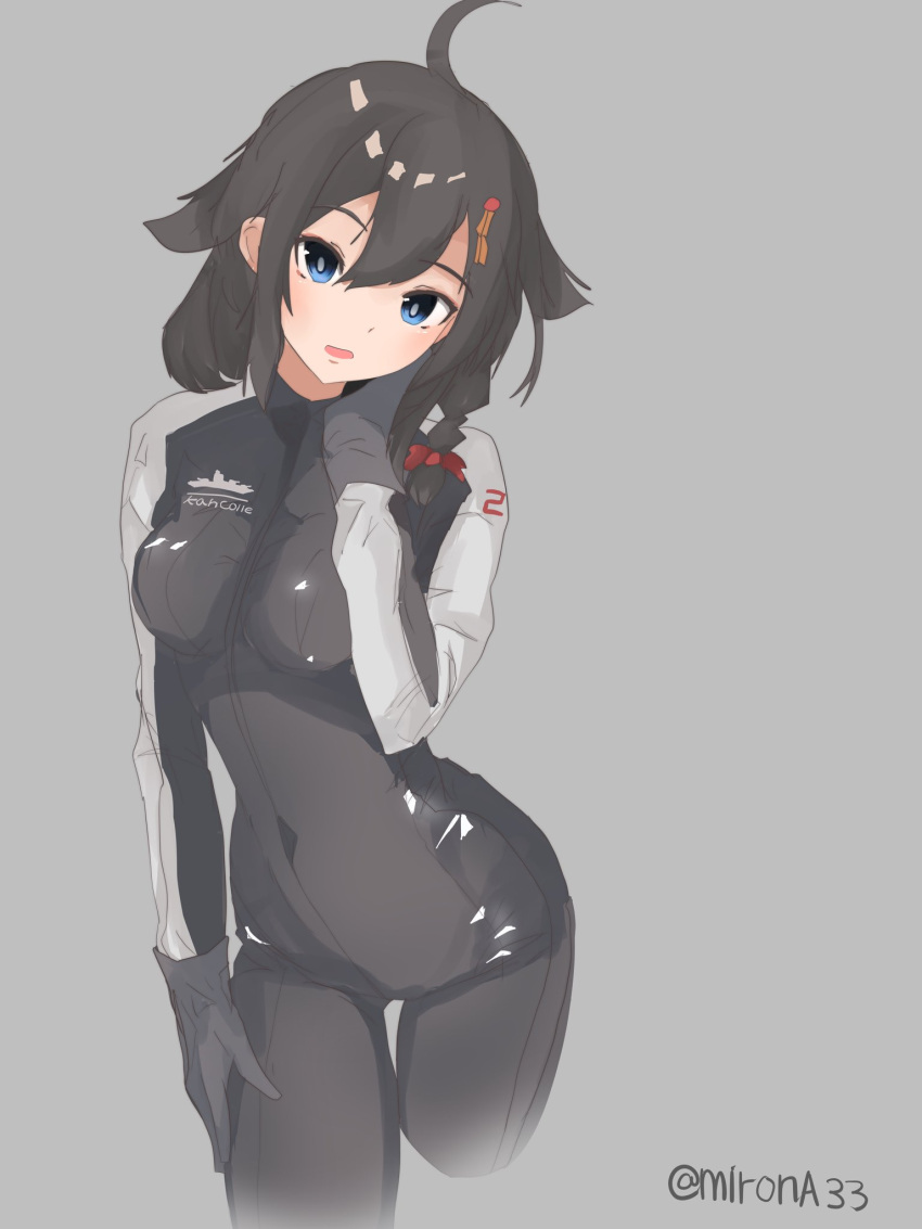 1girl, ahoge, alternate_costume, black_bikesuit, black_bodysuit, black_hair, blue_eyes, bodysuit
