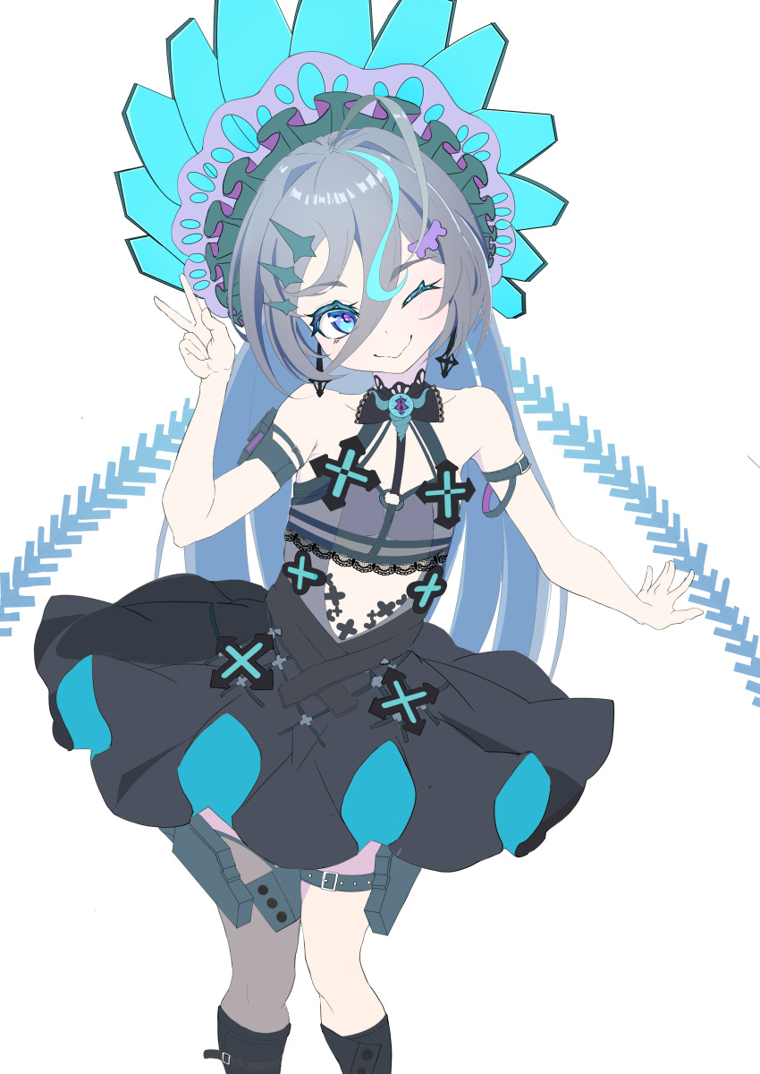 1girl, absurdres, arm_strap, bare_shoulders, black_dress, black_footwear, black_gloves, blue_eyes, boots, center_opening, dress, fingerless_gloves, gloves, gnonno_(tower_of_fantasy), grey_hair, grin, hair_between_eyes, hand_up, headdress, heart, heart-shaped_pupils, highres, knee_boots, lace_trim, long_hair, looking_at_viewer, sitting, sleeveless, sleeveless_dress, smile, solo, symbol-shaped_pupils, tentacles, tower_of_fantasy, v, very_long_hair
