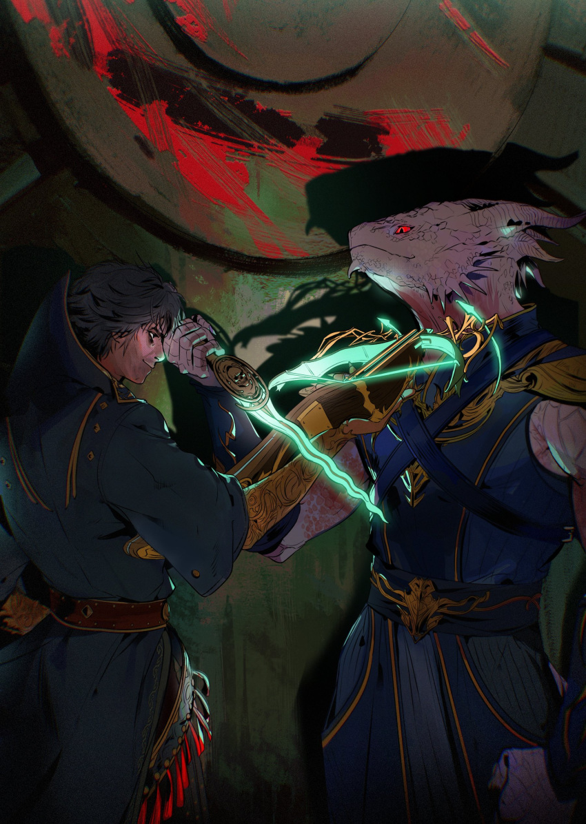 2boys, absurdres, baldur's_gate, baldur's_gate_3, belt, black_coat, black_eyes, black_hair