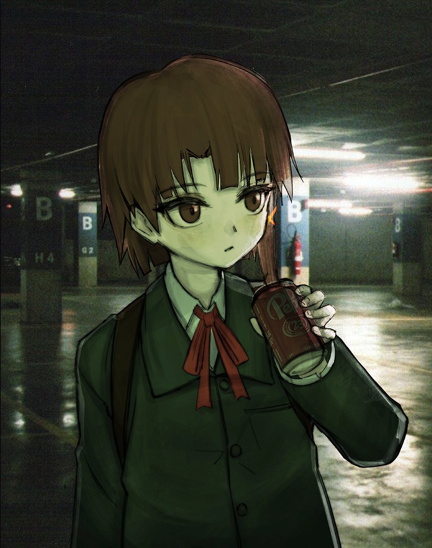 1girl, arm_at_side, asymmetrical_bangs, asymmetrical_hair, backlighting, blush, brown_eyes, brown_hair
