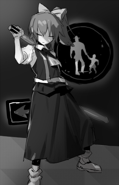 1girl, boots, bow, closed_eyes, closed_mouth, collared_shirt, commentary_request, cookie_(touhou)