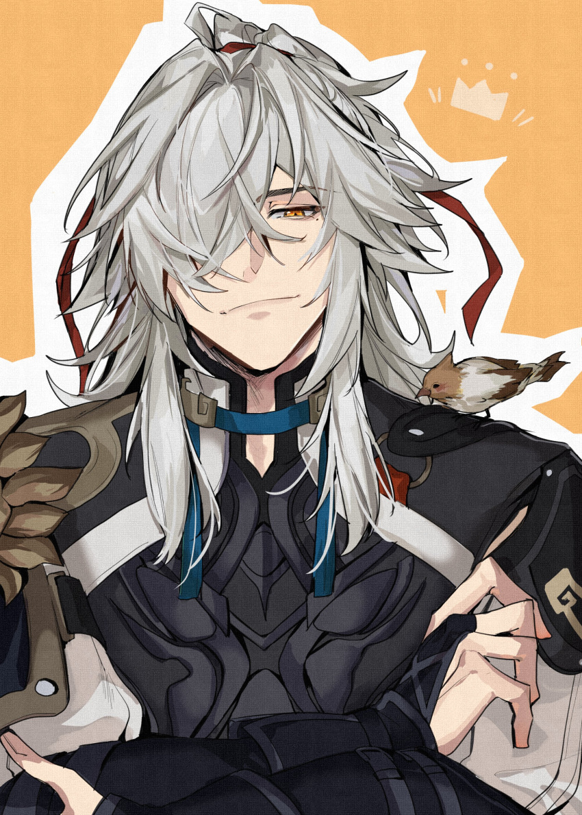 1boy, absurdres, animal_on_shoulder, armlet, bird, bird_on_shoulder, collar, crossed_arms