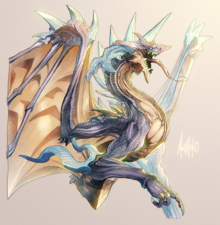 absurdres, akie_(akidoygo), animal_focus, blue_eyes, brown_background, claws, cropped_torso, dragon