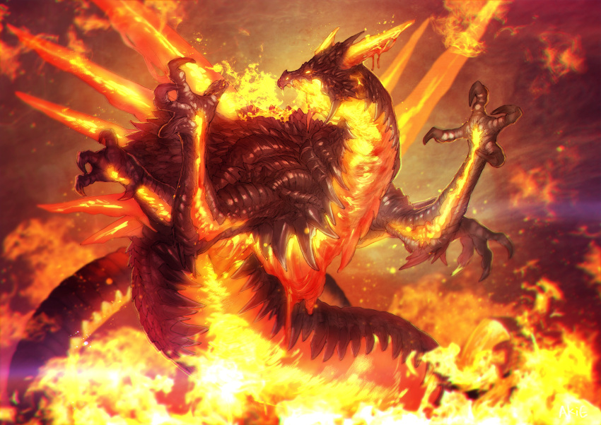 akie_(akidoygo), animal_focus, breath_weapon, breathing_fire, claws, dragon, extra_arms, fire