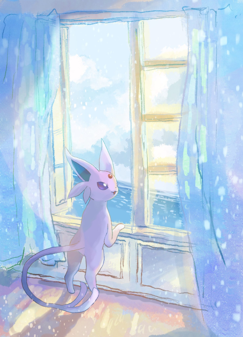 animal_focus, bright_pupils, curtains, espeon, forehead_jewel, full_body, highres, indoors