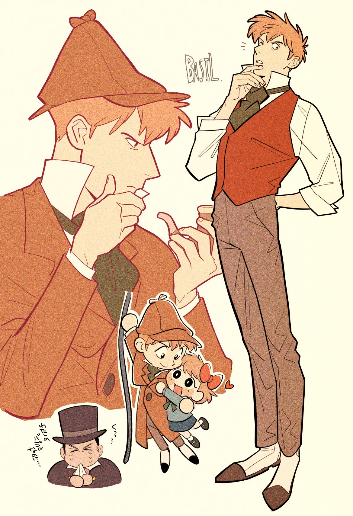 1girl, 2boys, basil_(mouse), black_hat, black_necktie, bow, brown_coat, brown_hair