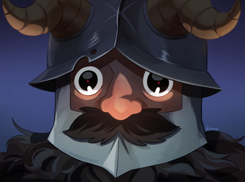 1boy, blank_stare, close-up, dungeon_meshi, dwarf, facial_hair, fake_horns, helmet