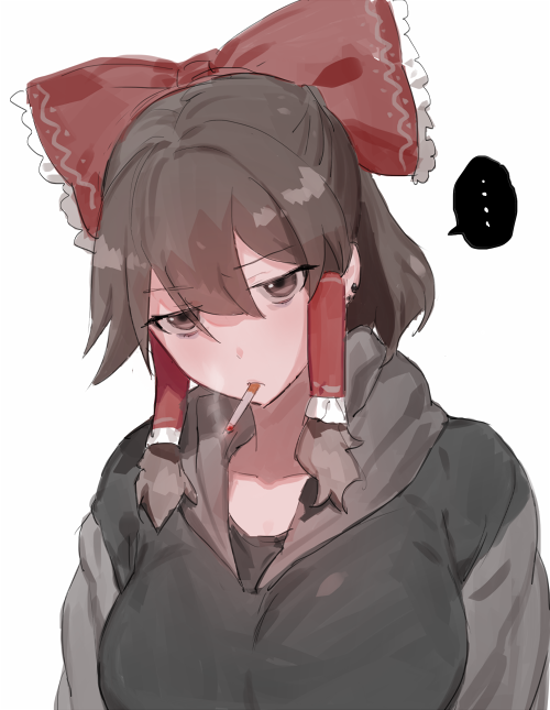 ..., 1girl, black_hoodie, bow, breasts, brown_eyes, brown_hair, cigarette, commentary_request, cookie_(touhou), frilled_bow, frilled_hair_tubes, frills, hair_between_eyes, hair_bow, hair_tubes, hakurei_reimu, head_tilt, hood, hood_down, hoodie, kebabu_01, large_breasts, long_bangs, looking_at_viewer, maru_(cookie), red_bow, short_hair, simple_background, smoking, solo, spoken_ellipsis, touhou, upper_body, white_background