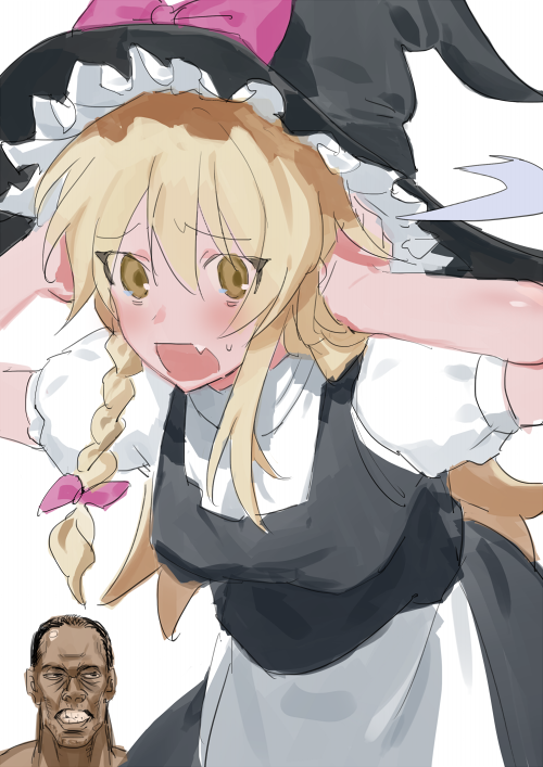 1boy, 1girl, apron, black_hat, black_vest, blonde_hair, bow, braid