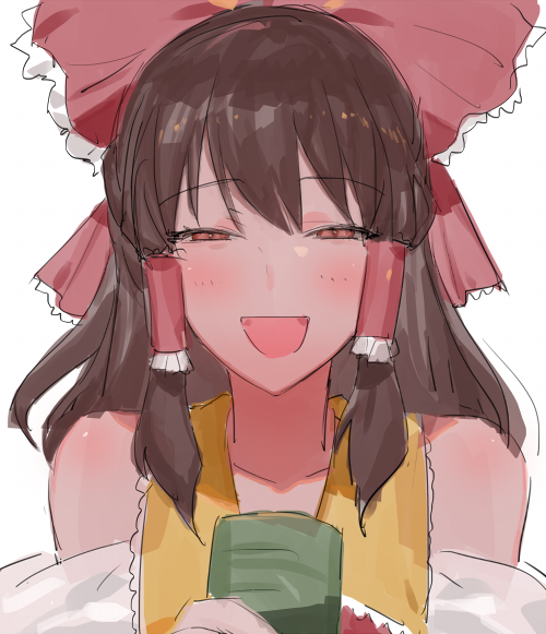1girl, :d, blush, bow, brown_hair, collared_shirt, commentary_request, cookie_(touhou)