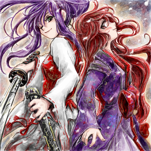 back-to-back, bow, brown_eyes, green_eyes, hair_bow, japanese_clothes, katana, kotohime
