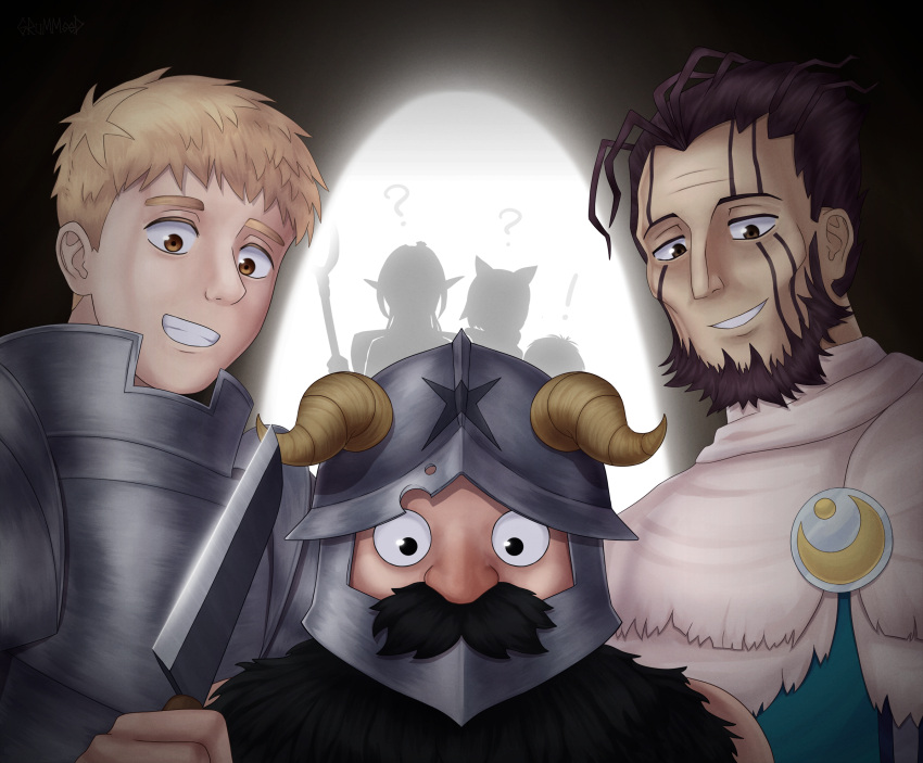 !, 2girls, 4boys, ?, backlighting, beard, cave, chilchuck_tims