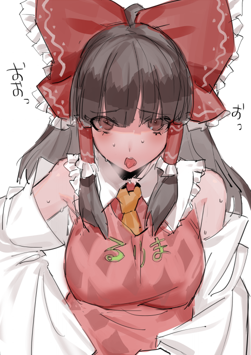1girl, ahoge, ascot, blush, bow, brown_eyes, brown_hair, cookie_(touhou)