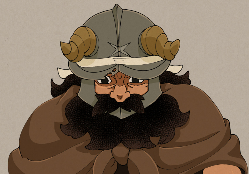 1boy, a-king, beard, cloak, dungeon_meshi, dwarf, facial_hair, fake_horns, handsome_senshi, helmet, horned_helmet, horns, long_beard, looking_ahead, male_focus, mature_eyes, mustache, senshi_(dungeon_meshi), solo, thick_mustache, upper_body, very_long_beard