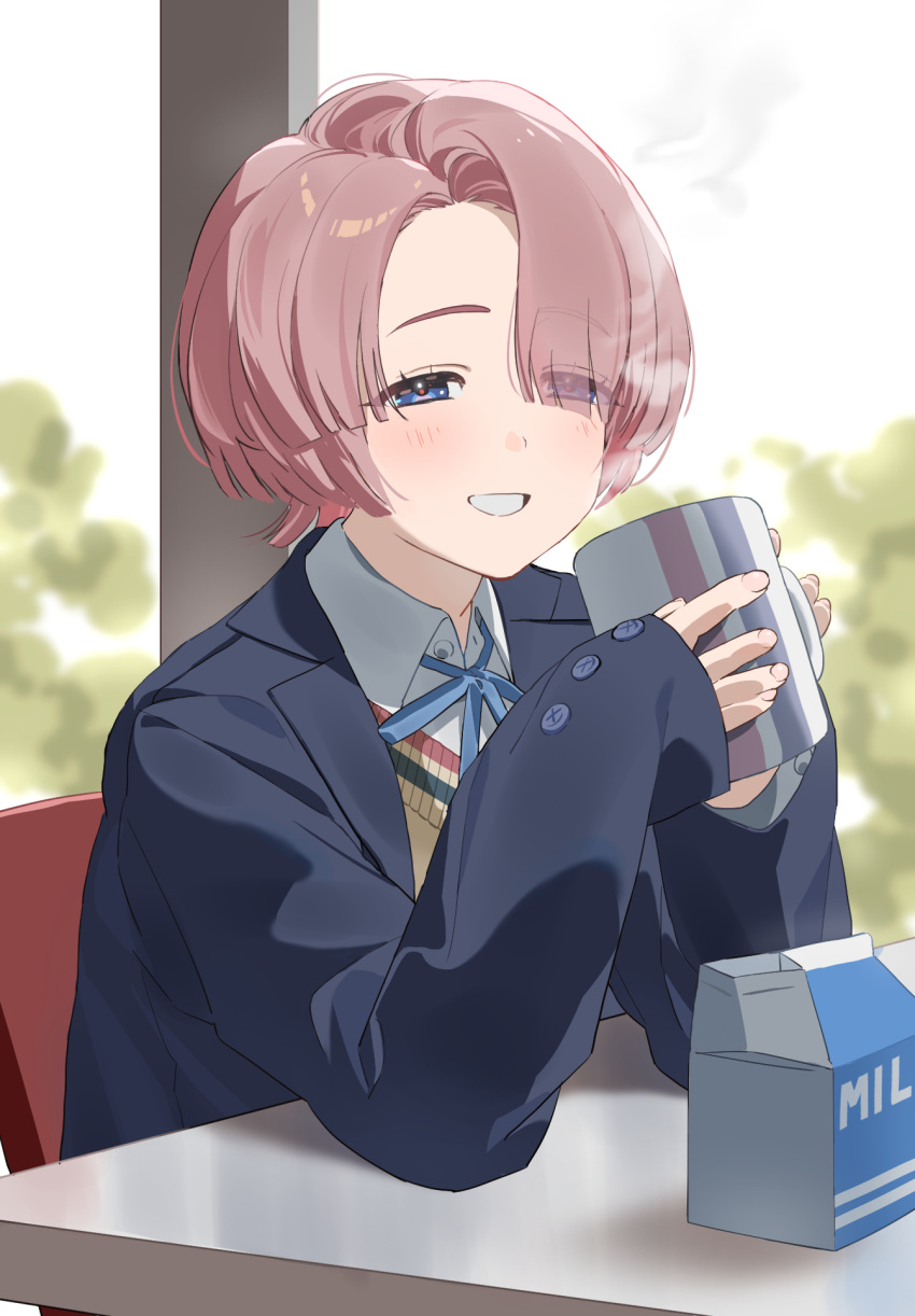 1girl, arimura_mao, asymmetrical_bangs, blue_eyes, blue_jacket, blue_ribbon, blush, cup, gakuen_idolmaster, hatsuboshi_gakuen_school_uniform, highres, higuchi_mahiro, holding, holding_cup, idolmaster, jacket, long_sleeves, looking_at_viewer, milk_carton, neck_ribbon, pink_hair, ribbon, school_uniform, short_hair, sitting, sleeves_past_wrists, smile, solo, steam