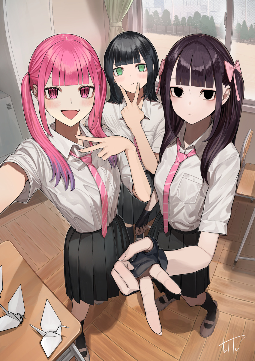 3girls, absurdres, bag, black_eyes, black_gloves, black_hair, black_skirt, blunt_bangs
