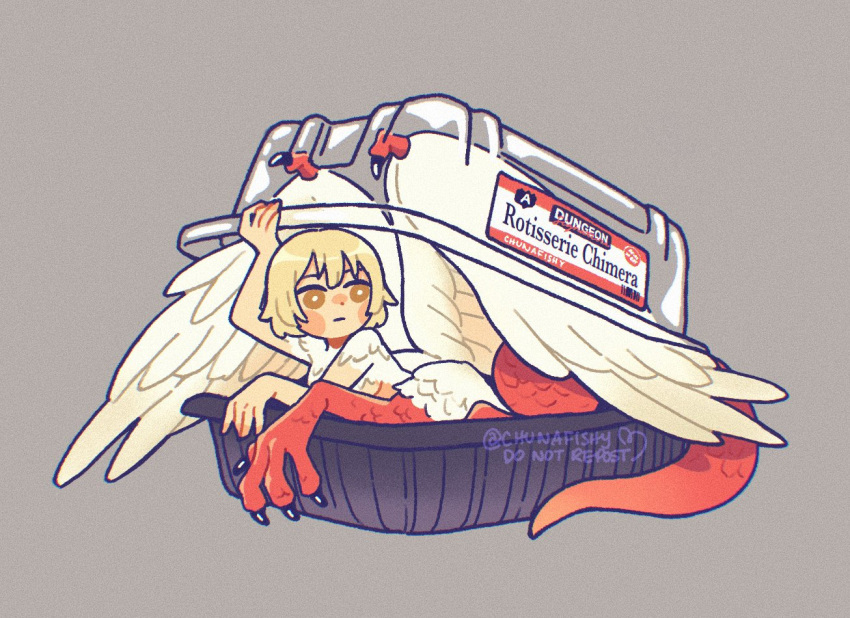 1girl, blonde_hair, box, brown_eyes, chimera, chunafishy, claws, dungeon_meshi, english_text, extra_arms, falin_touden, falin_touden_(chimera), feathered_wings, grey_background, medium_hair, mini_person, monster_girl, opening, spoilers, tail, twitter_username, wings