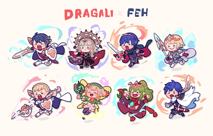 3boys, 5girls, alfonse_(fire_emblem), armor, blonde_hair, blue_cape, blue_hair, blunt_bangs
