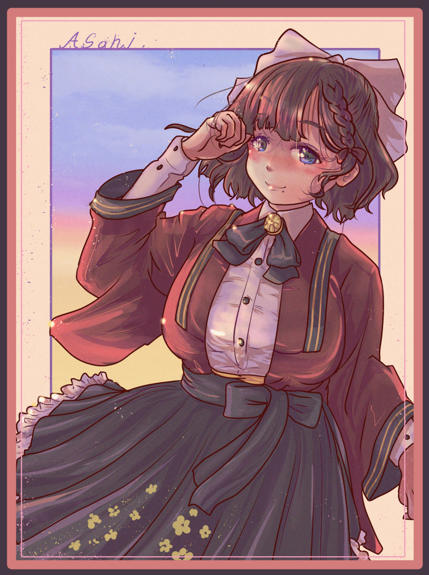 1girl, absurdres, asahi_(kancolle), black_hakama, braid, brown_hair, character_name, clouds