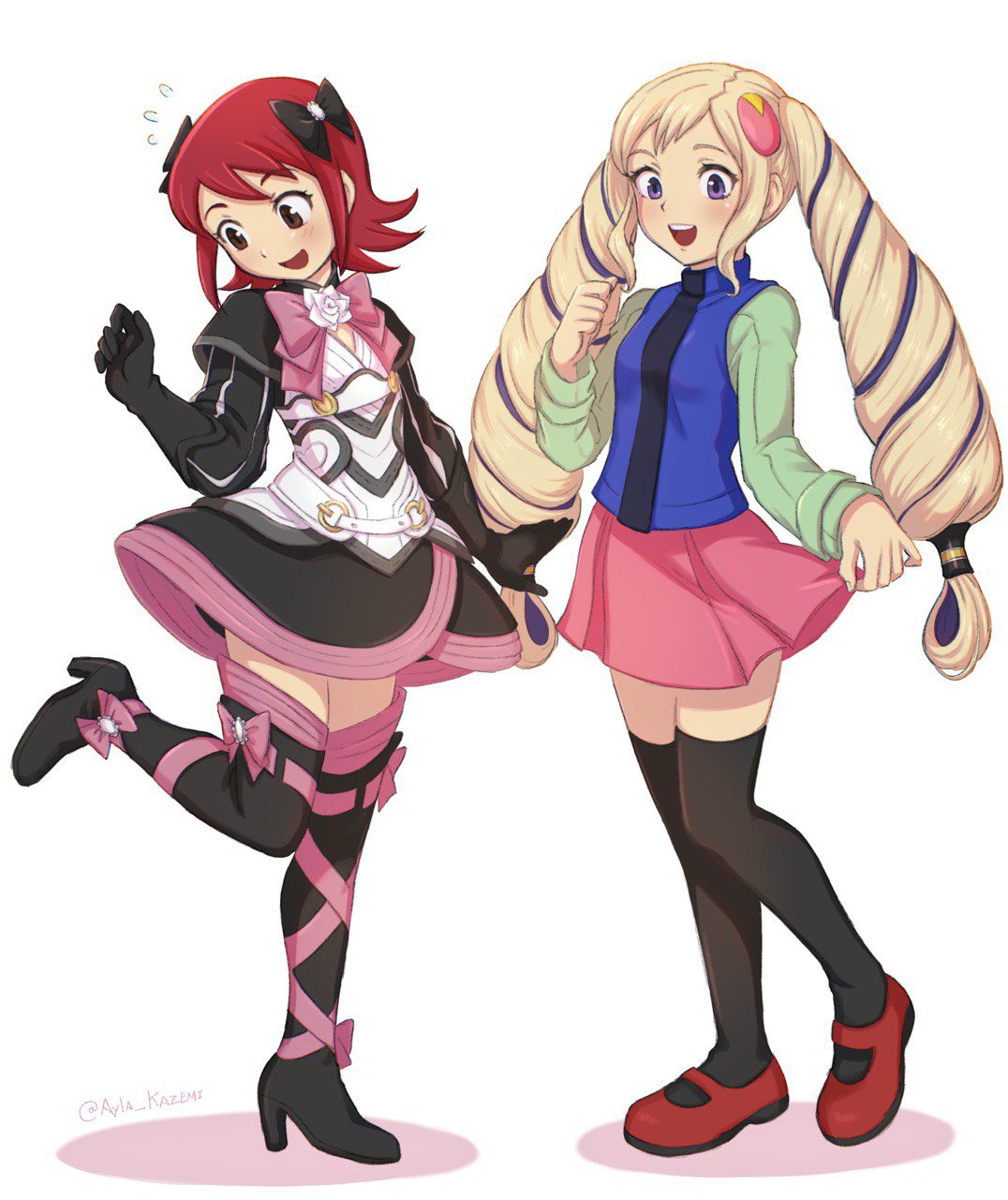 2girls, :d, ayla_kazemi, black_bow, black_dress, black_footwear, black_gloves, black_thighhighs