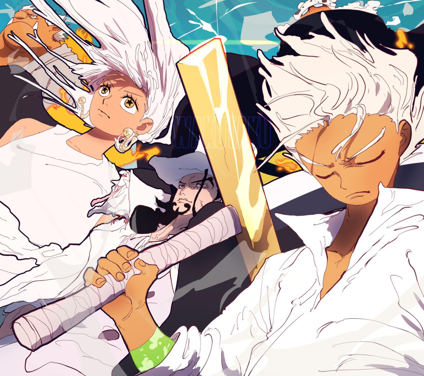1girl, 4boys, black_hair, black_wings, blood, closed_eyes, collared_shirt, dark_skin