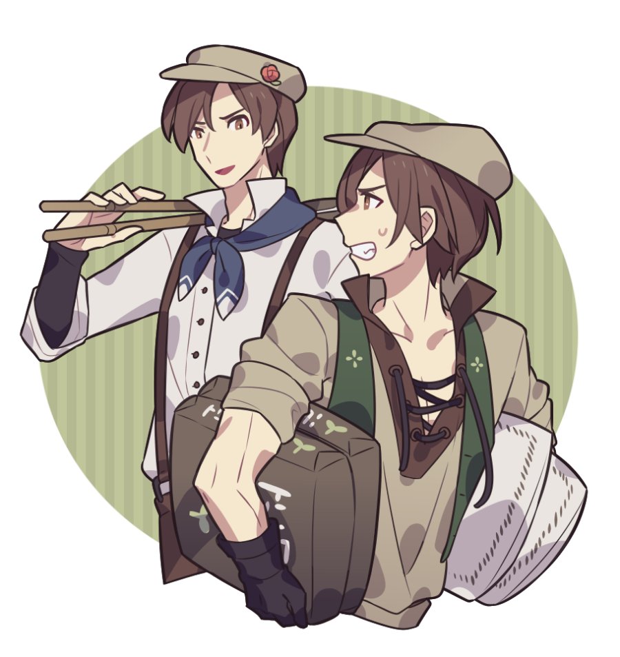 2boys, bag, beret, black_gloves, border, brothers, brown_eyes, brown_hair
