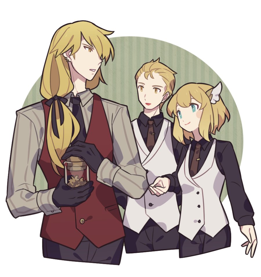 1girl, 2boys, ares_(fire_emblem), black_gloves, black_pants, blonde_hair, blue_eyes, border