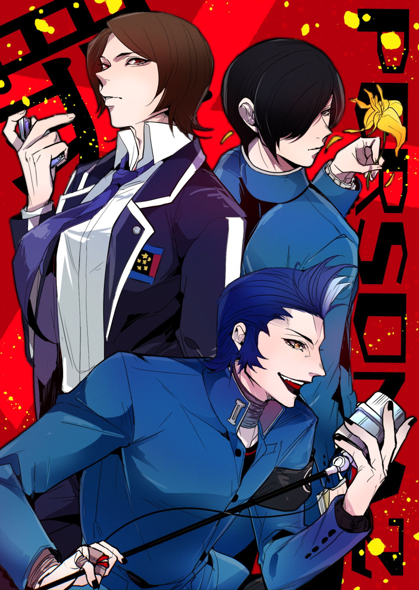 3boys, black_hair, black_jacket, black_lips, black_nails, blazer, blue_hair, blue_jacket
