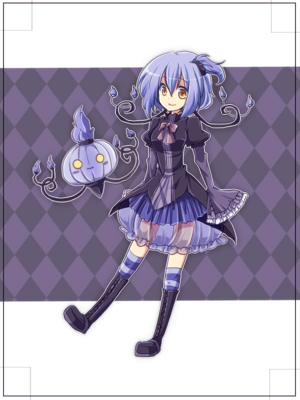 1girl, boots, bow, chandelure, dress, fire, kurosu_rino, moemon, personification, pokemon, pokemon_(creature), pokemon_(game), pokemon_black_and_white, pokemon_bw, purple_fire, purple_hair, see-through, short_hair, side_ponytail, smile, standing_on_one_leg, striped, striped_legwear, striped_thighhighs, thigh-highs, thighhighs, yellow_eyes