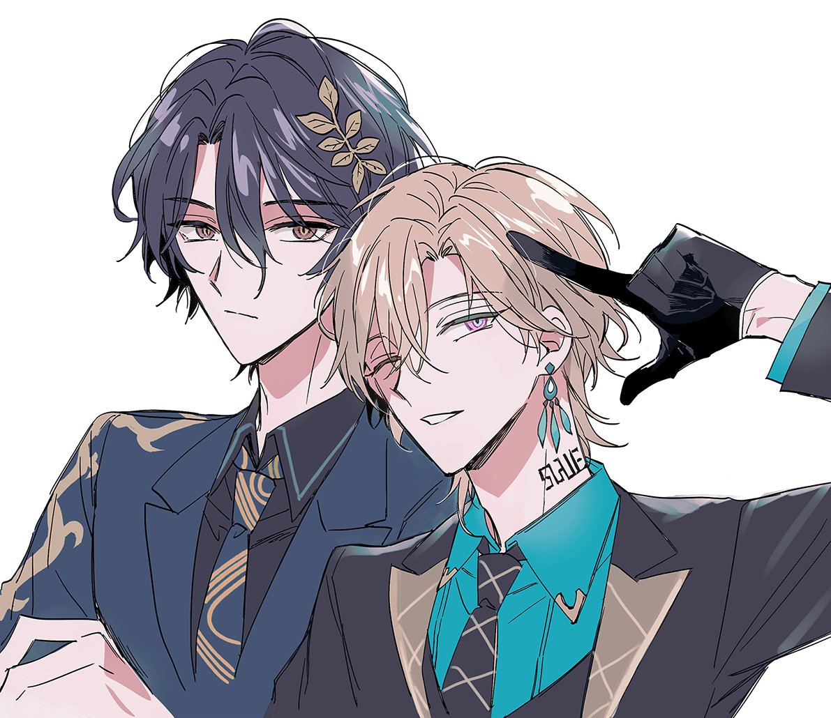 2boys, amethgyst, aqua_shirt, aventurine_(final_victor)_(honkai:_star_rail), aventurine_(honkai:_star_rail), black_gloves, black_hair, black_jacket