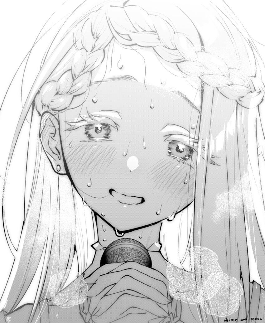 1girl, blush, braid, braided_bangs, breath, commentary_request, ear_blush, earrings, eyelashes, gakuen_idolmaster, greyscale, head_tilt, highres, holding, holding_microphone, ichiji_(loce_and_peave), idolmaster, jewelry, long_hair, looking_at_viewer, microphone, monochrome, portrait, shinosawa_hiro, simple_background, smile, solo, stud_earrings, sweat, twitter_username