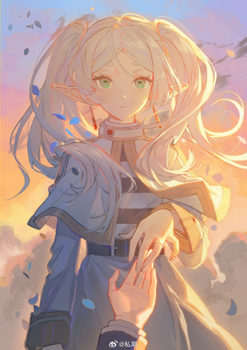 1boy, 1girl, artist_name, belt, black_belt, blue_petals, cape, chinese_commentary