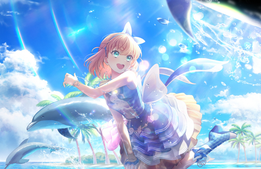 1girl, :d, ankle_boots, aqua_eyes, back_bow, bead_necklace, beads, blue_bow, blue_bowtie, blue_dress, blue_footwear, blue_hairband, blue_sky, boots, bow, bow_hairband, bowtie, clouds, cross-laced_footwear, crossed_bangs, cumulonimbus_cloud, dolphin, dolphin_beach_(love_live!), dress, footwear_bow, frilled_cuffs, frilled_dress, frills, game_cg, gingham_footwear, hairband, highres, hinoshita_kaho, jewelry, lace-up_boots, layered_dress, lens_flare, link!_like!_love_live!, looking_to_the_side, love_live!, medium_dress, medium_hair, necklace, official_art, open_mouth, orange_hair, single_wrist_cuff, sky, sleeveless, sleeveless_dress, smile, solo, teeth, third-party_source, two_side_up, upper_teeth_only, virtual_youtuber, water, wrist_cuffs, yellow_dress, yellow_wrist_cuffs