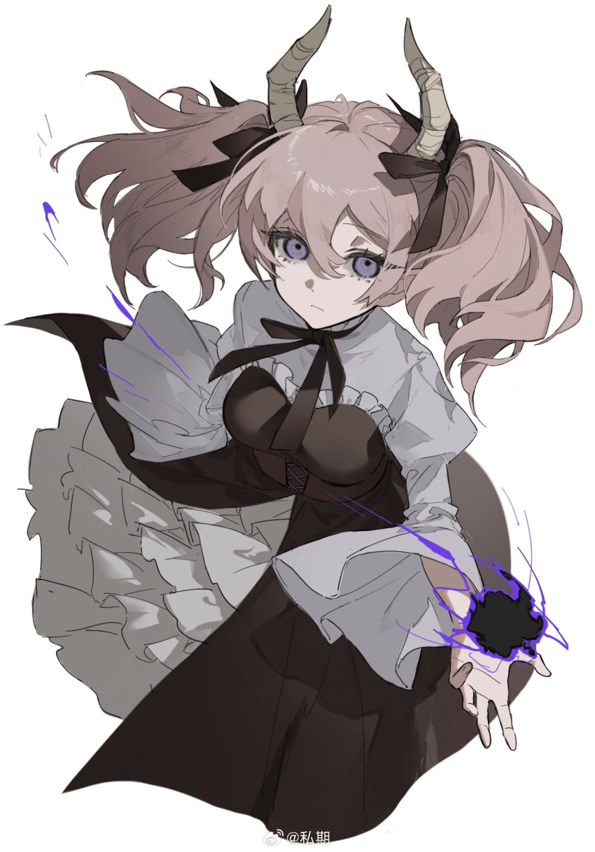 1girl, artist_name, black_ribbon, chinese_commentary, cowboy_shot, demon_girl, demon_horns, dress