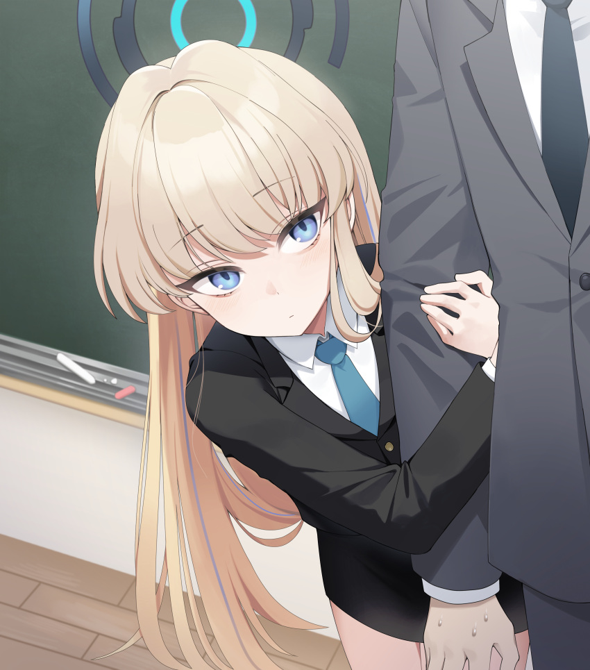 1boy, 1girl, absurdres, alternate_costume, black_skirt, blonde_hair, blue_archive, blue_eyes