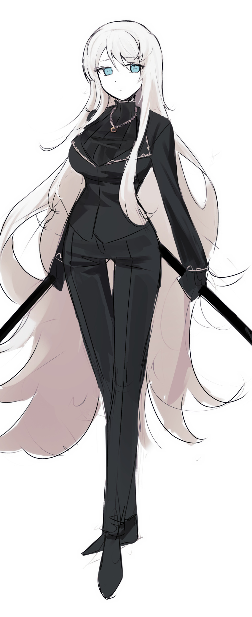 1girl, absurdres, alternate_hair_length, alternate_hairstyle, angelica_(project_moon), angelica_(project_moon)_(cosplay), black_footwear, black_gloves, black_pants, black_sweater, blue_eyes, breasts, closed_mouth, cosplay, dual_wielding, faust_(project_moon), full_body, gloves, highres, holding, holding_weapon, jewelry, large_breasts, library_of_ruina, limbus_company, long_hair, necklace, pants, project_moon, ribbed_sweater, ring, ring_necklace, shoes, simple_background, solo, sweater, trisia_3, turtleneck, turtleneck_sweater, very_long_hair, weapon, white_background, white_hair